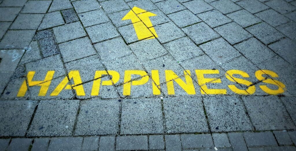 The word happiness written on a street